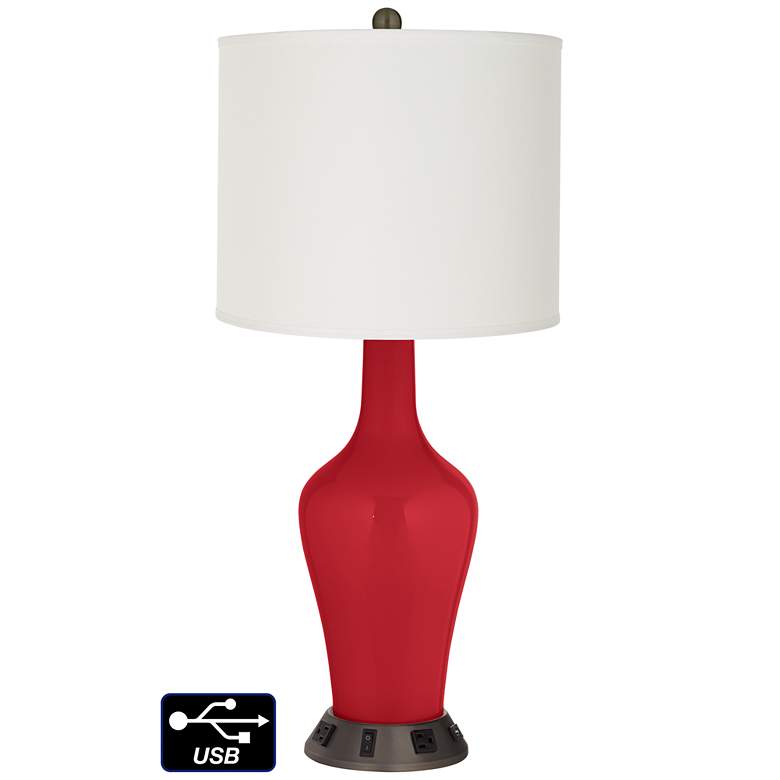 Image 1 Off-White Drum Jug Table Lamp - 2 Outlets and USB in Ribbon Red