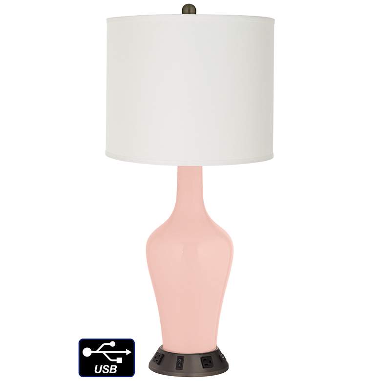 Image 1 Off-White Drum Jug Table Lamp - 2 Outlets and USB in Rose Pink