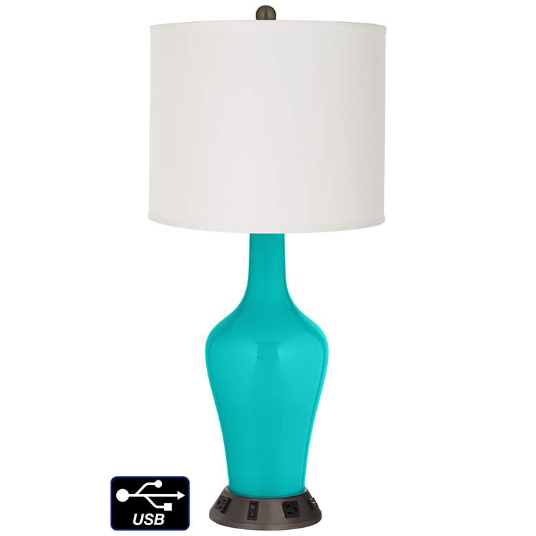 Image 1 Off-White Drum Jug Table Lamp - 2 Outlets and USB in Turquoise