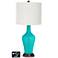 Off-White Drum Jug Table Lamp - 2 Outlets and USB in Turquoise
