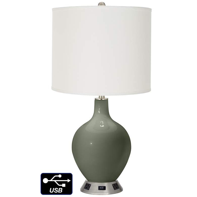 Image 1 Off-White Drum Lamp - 2 Outlets and USB in Deep Lichen Green
