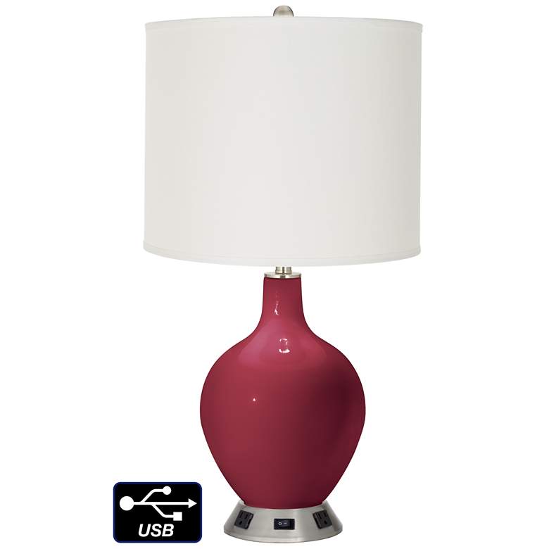 Image 1 Off-White Drum Table Lamp - 2 Outlets and USB in Antique Red