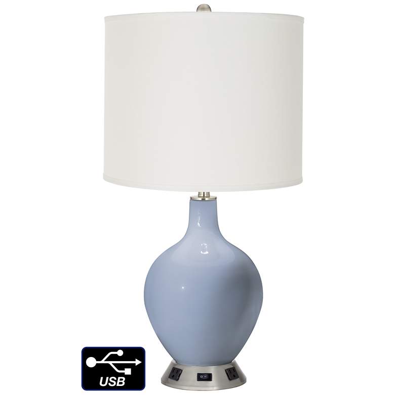 Image 1 Off-White Drum Table Lamp - 2 Outlets and USB in Blue Sky