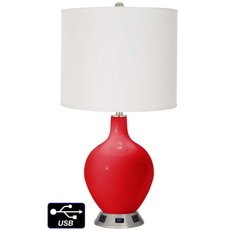 Image 1 Off-White Drum Table Lamp - 2 Outlets and USB in Bright Red