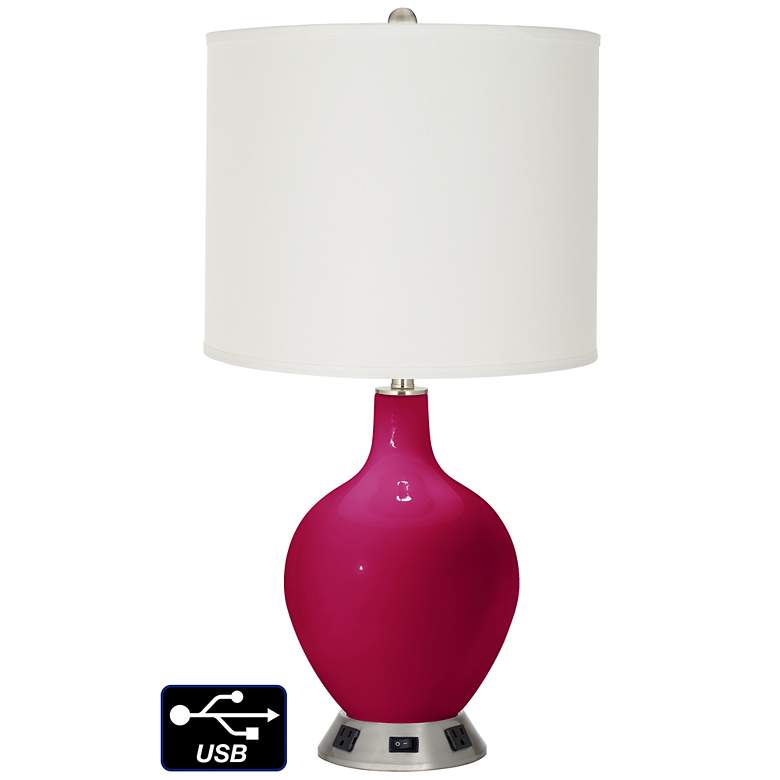 Image 1 Off-White Drum Table Lamp - 2 Outlets and USB in French Burgundy
