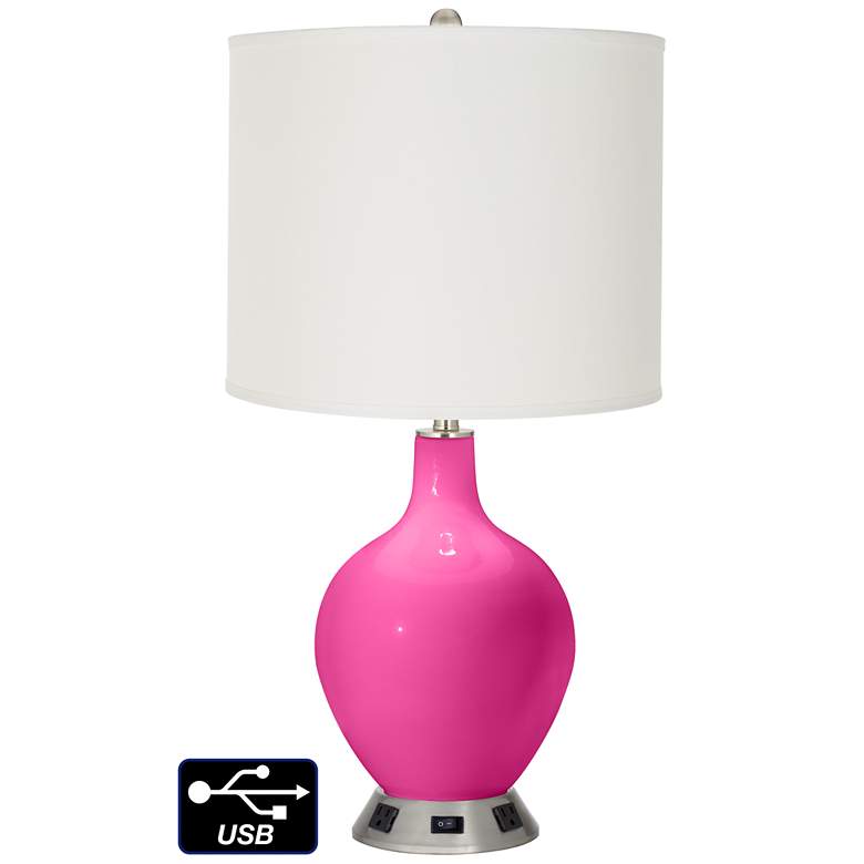 Image 1 Off-White Drum Table Lamp - 2 Outlets and USB in Fuchsia