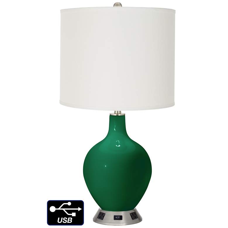 Image 1 Off-White Drum Table Lamp - 2 Outlets and USB in Greens