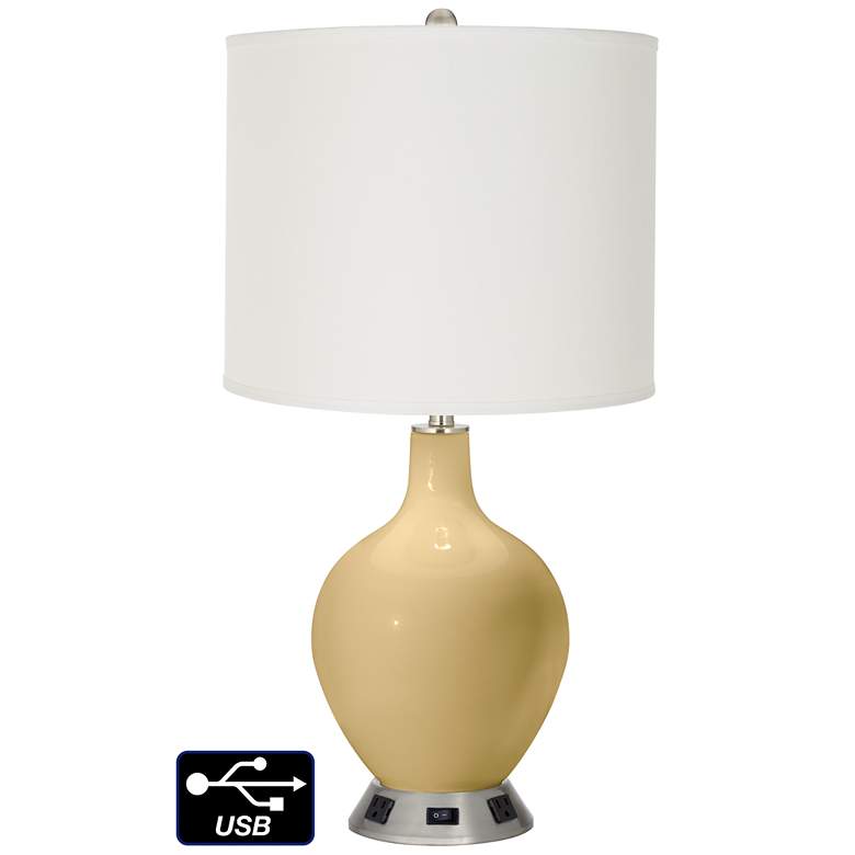 Image 1 Off-White Drum Table Lamp - 2 Outlets and USB in Humble Gold
