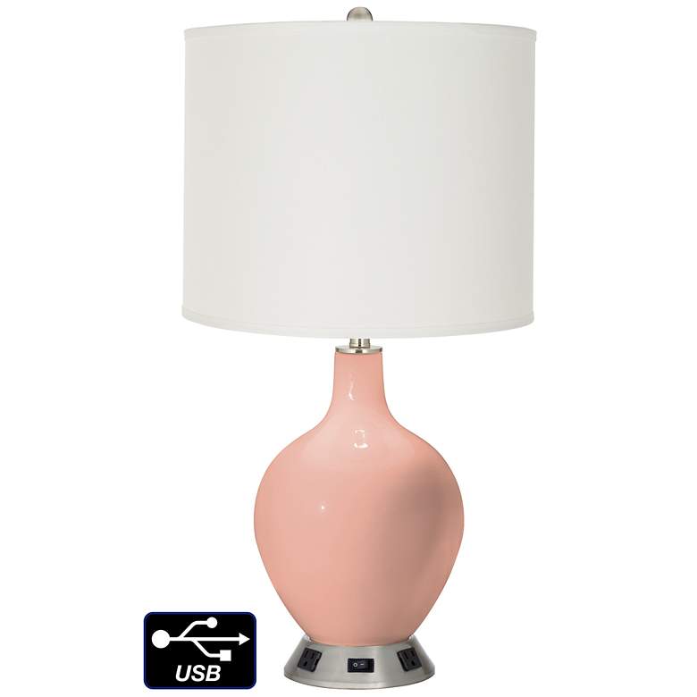 Image 1 Off-White Drum Table Lamp - 2 Outlets and USB in Mellow Coral