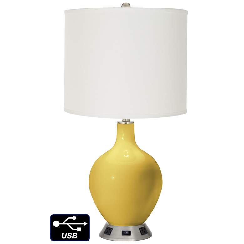 Image 1 Off-White Drum Table Lamp - 2 Outlets and USB in Nugget