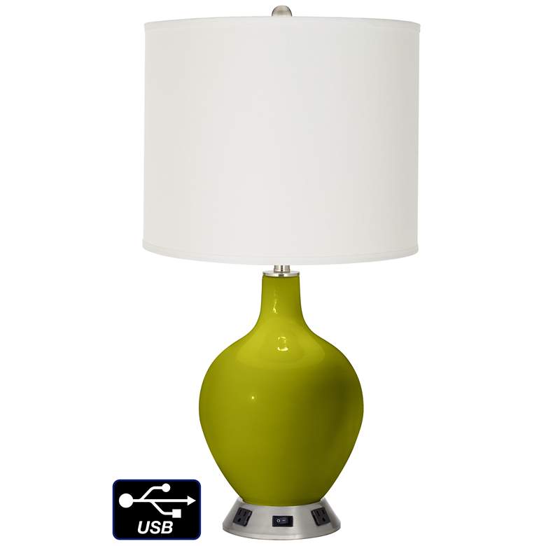 Image 1 Off-White Drum Table Lamp - 2 Outlets and USB in Olive Green