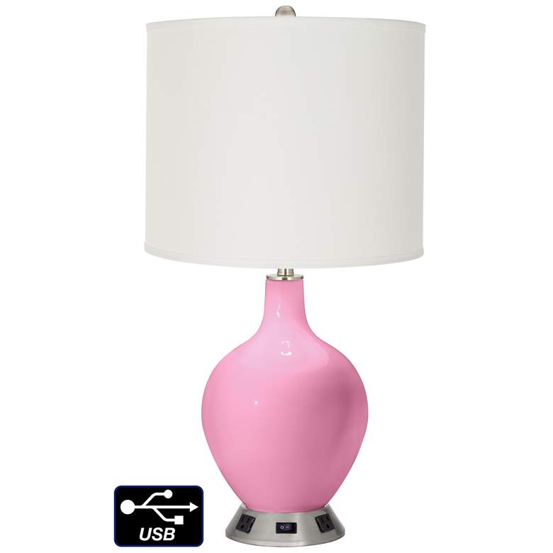 Image 1 Off-White Drum Table Lamp - 2 Outlets and USB in Pale Pink