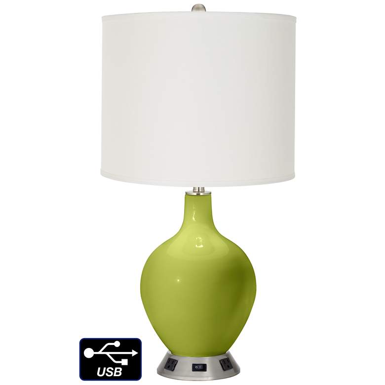 Image 1 Off-White Drum Table Lamp - 2 Outlets and USB in Parakeet