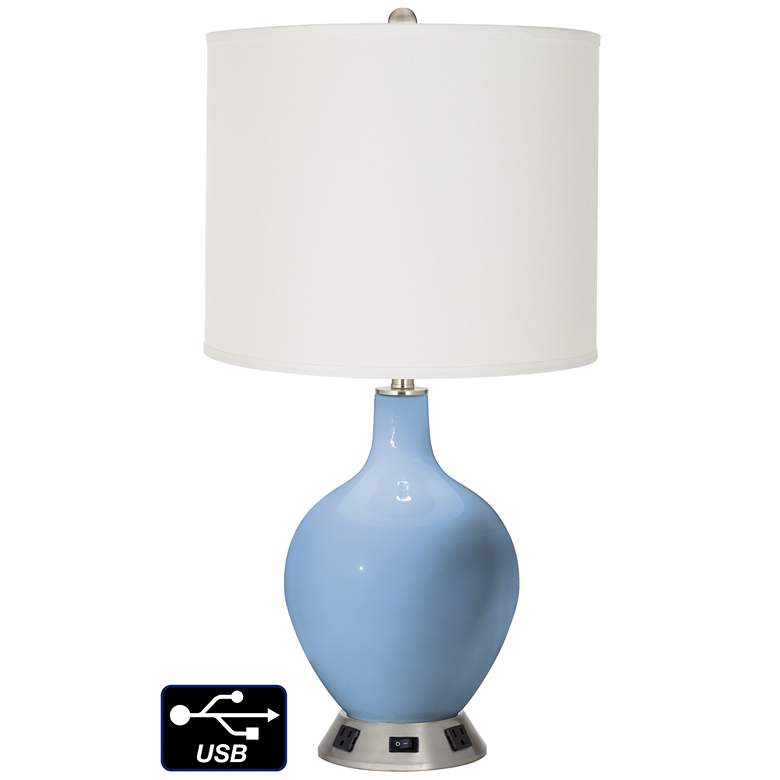 Image 1 Off-White Drum Table Lamp - 2 Outlets and USB in Placid Blue