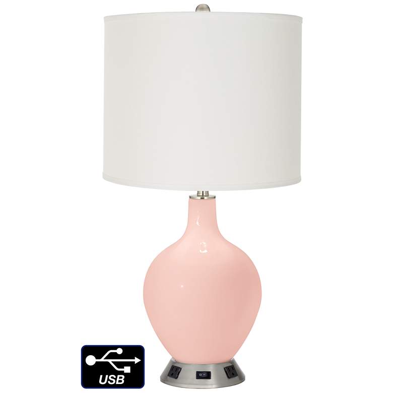 Image 1 Off-White Drum Table Lamp - 2 Outlets and USB in Rose Pink