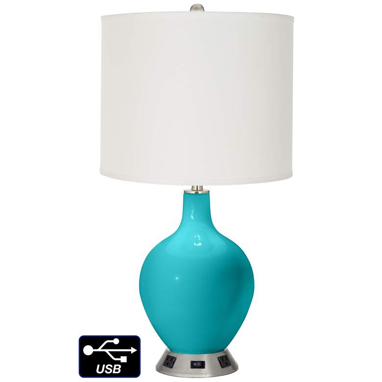 Image 1 Off-White Drum Table Lamp - 2 Outlets and USB in Surfer Blue