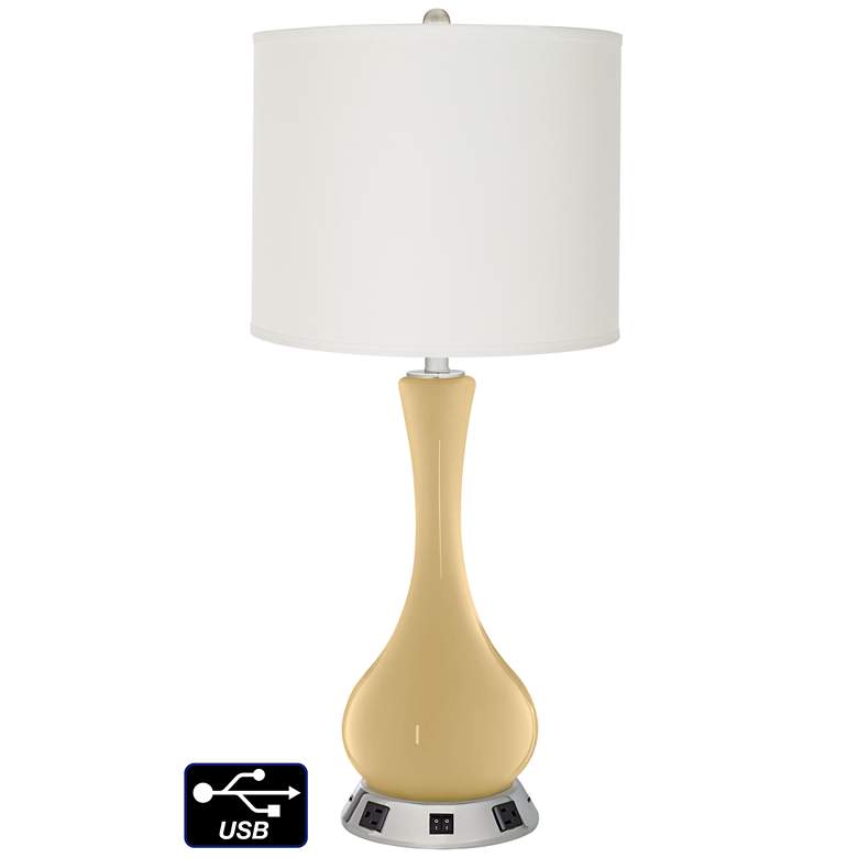 Image 1 Off-White Drum Vase Lamp - 2 Outlets and 2 USBs in Humble Gold