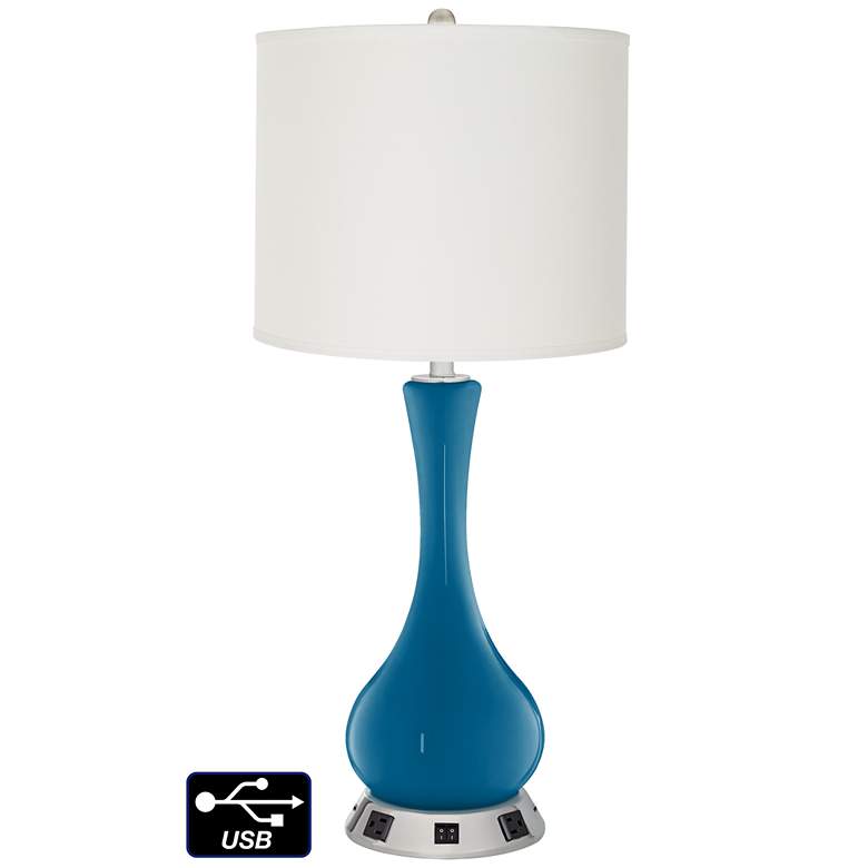 Image 1 Off-White Drum Vase Lamp - 2 Outlets and 2 USBs in Mykonos Blue