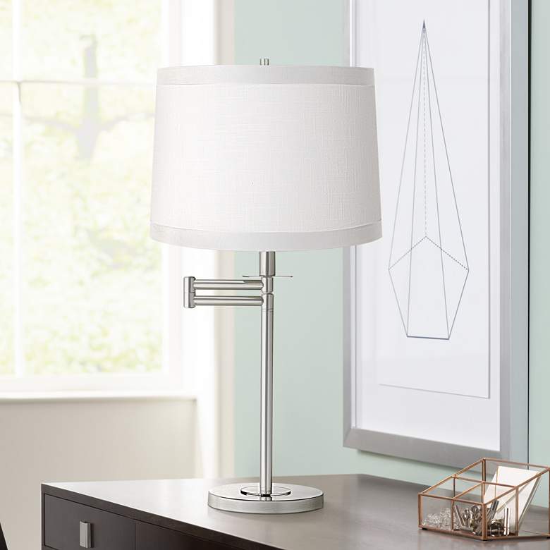 Image 1 Off White Fabric Brushed Nickel Swing Arm Desk Lamp