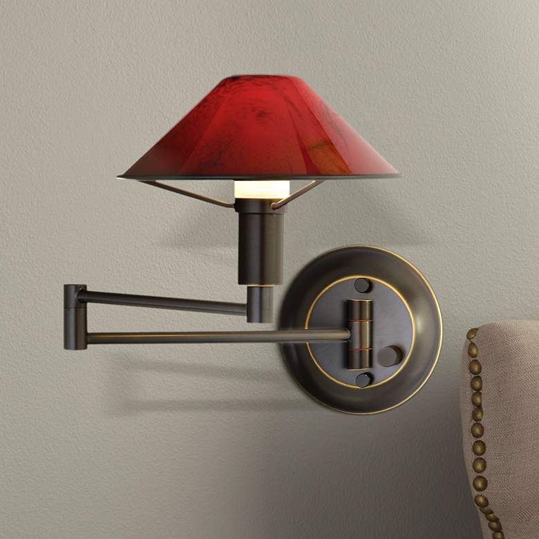 Image 1 Oil Rubbed Bronze Magma Red Glass Swing Arm Wall Lamp