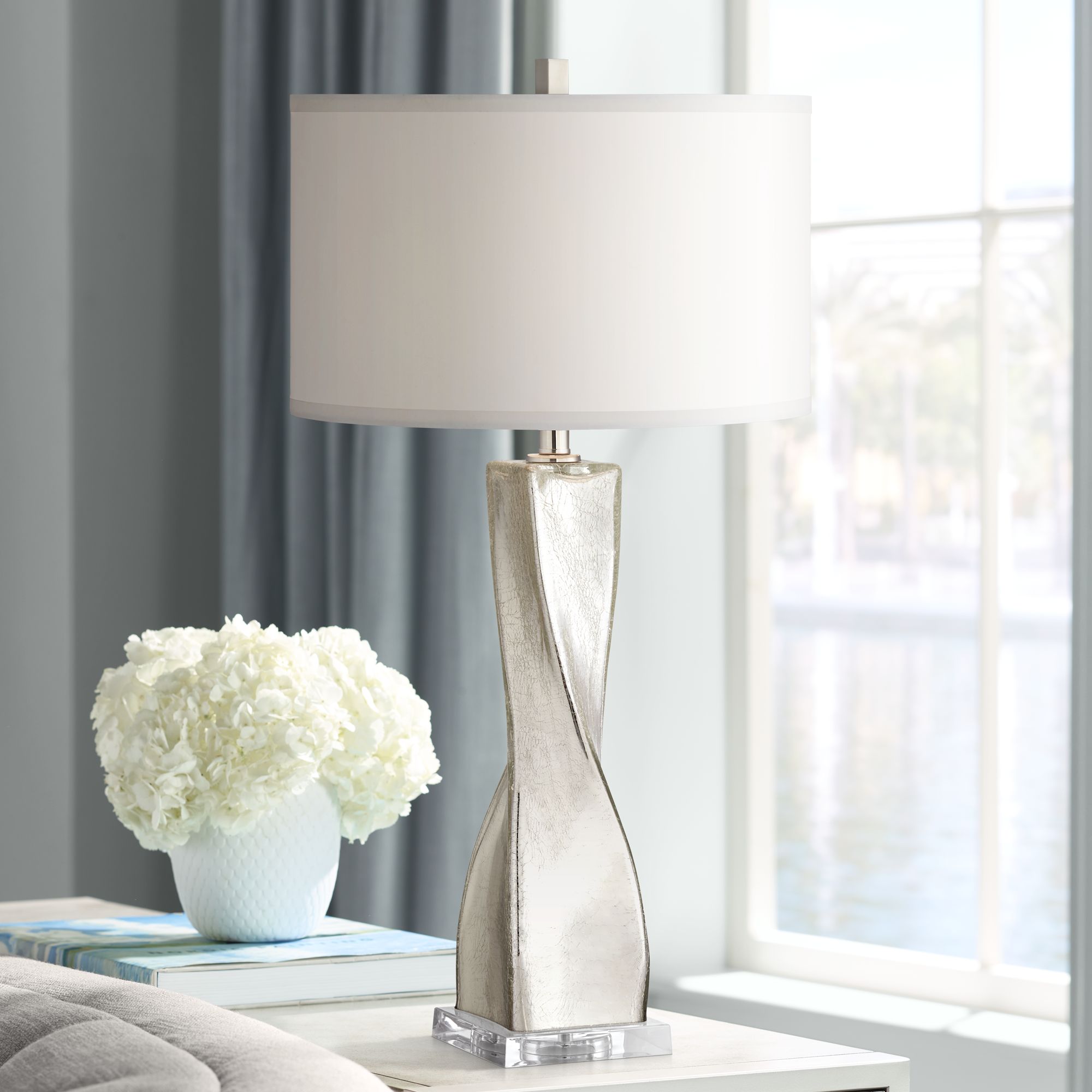 silver and grey table lamp