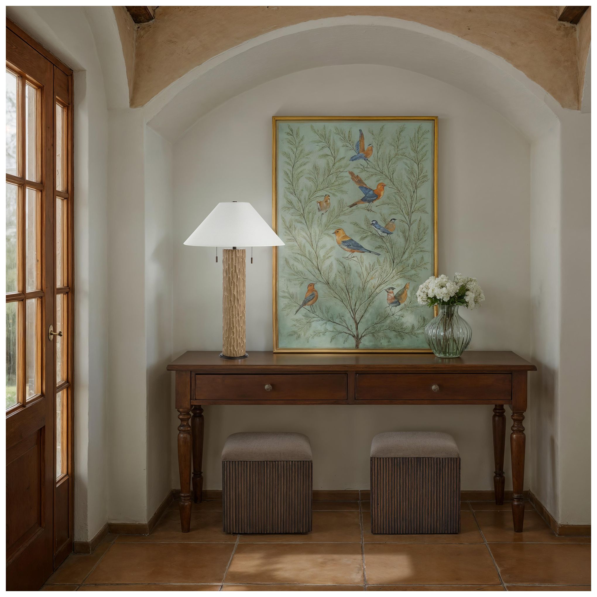 Image 2 Ola 20.5" Tall Carved Beige Resin Table Lamp with Tapered Linen Shade more views