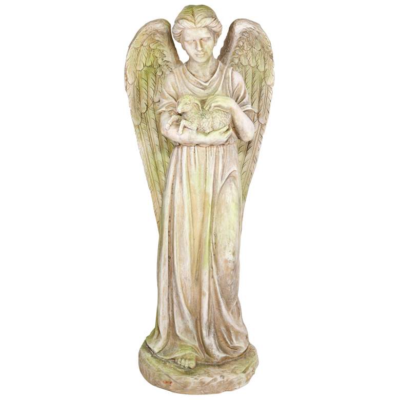 Image 1 Old World Angel Holding Lamb 32 inchH Mossy Stone Outdoor Statue