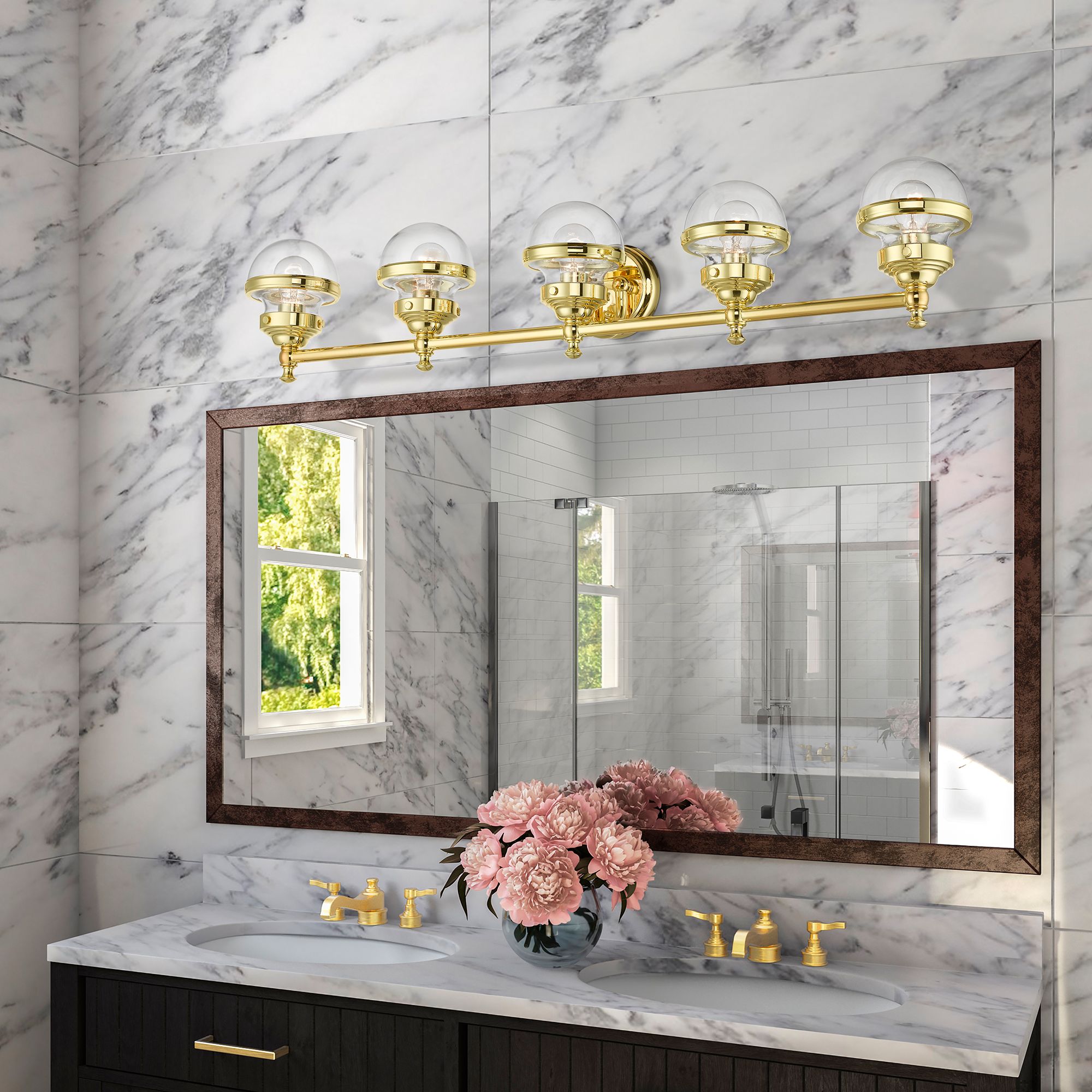 Oldwick 42" Wide Polished Brass 5-Light Vanity Bath Light