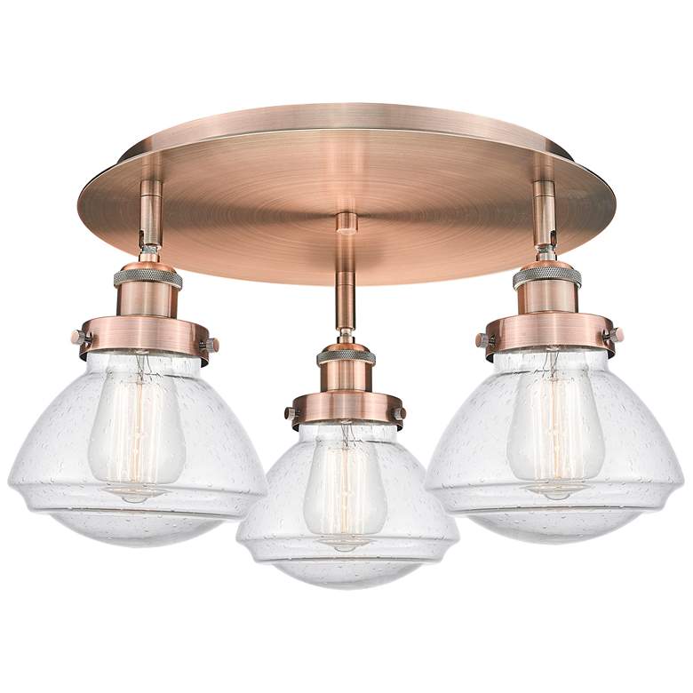 Image 1 Olean 18.25" Wide 3 Light Antique Copper Flush Mount With Seedy Glass