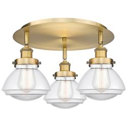 Olean 18.25" Wide 3 Light Brushed Brass Flush Mount With Clear Glass S
