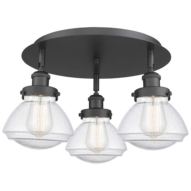 Image 1 Olean 18.25" Wide 3 Light Matte Black Flush Mount With Seedy Glass Sha