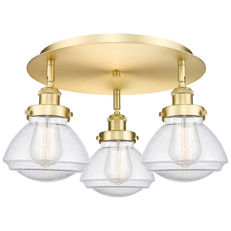 Image 1 Olean 18.25" Wide 3 Light Satin Gold Flush Mount With Seedy Glass Shad