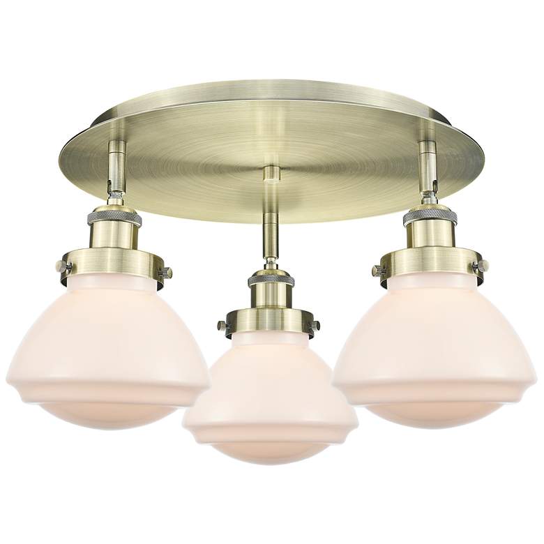 Image 1 Olean 18.25"W 3 Light Antique Brass Flush Mount w/ Matte White Glass S