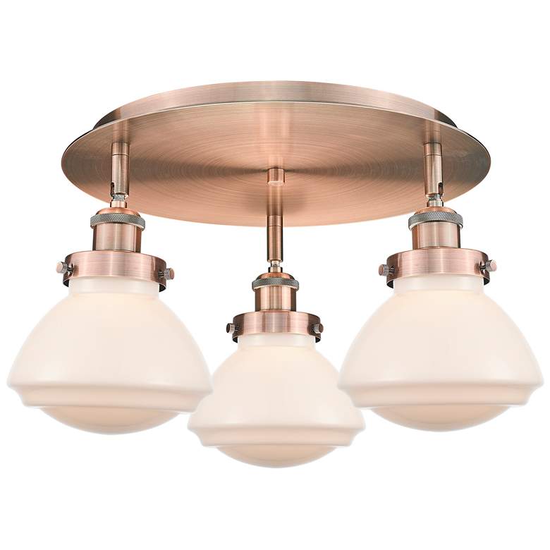 Image 1 Olean 18.25"W 3 Light Antique Copper Flush Mount w/ Matte White Glass