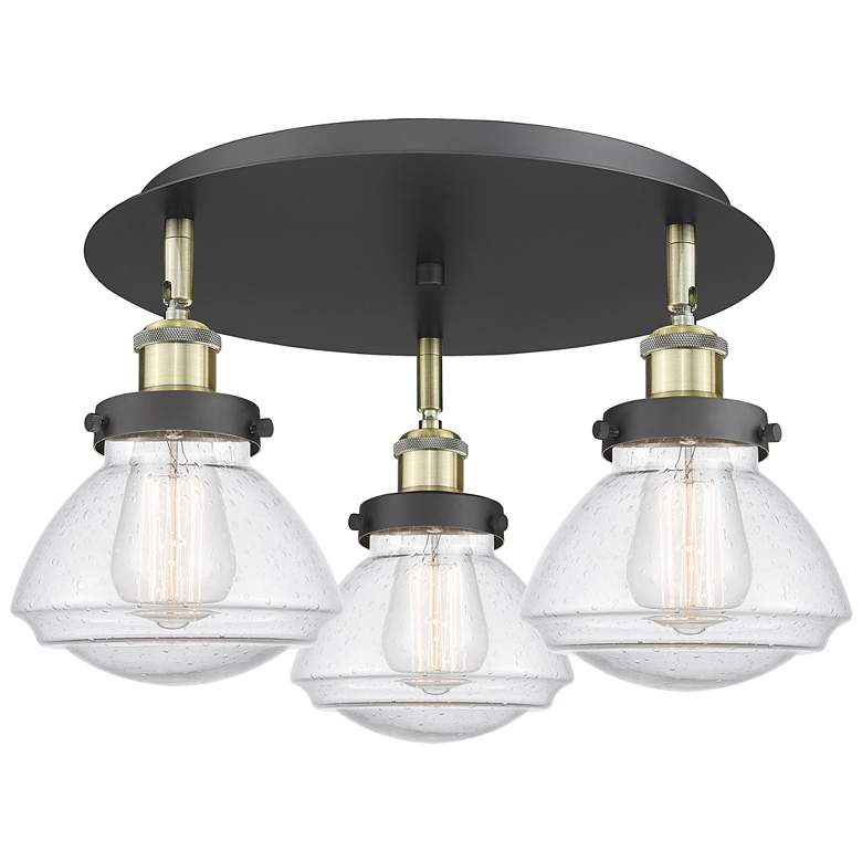 Image 1 Olean 18.25"W 3 Light Black Antique Brass Flush Mount w/ Seedy Glass S