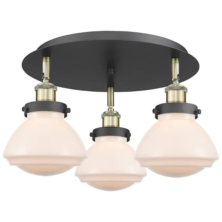 Image 1 Olean 18.25"W 3 Light Black Antique Brass Flush Mount w/ White Shade