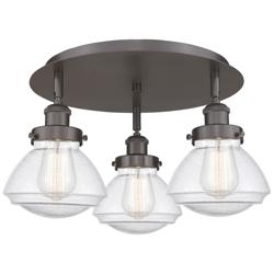 Olean 18.25&quot;W 3 Light Oil Rubbed Bronze Flush Mount With Seedy Glass S