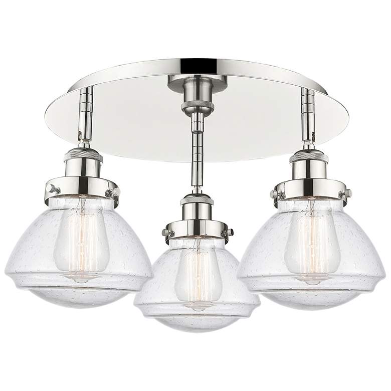 Image 1 Olean 18.25"W 3 Light Polished Nickel Flush Mount With Seedy Glass Sha