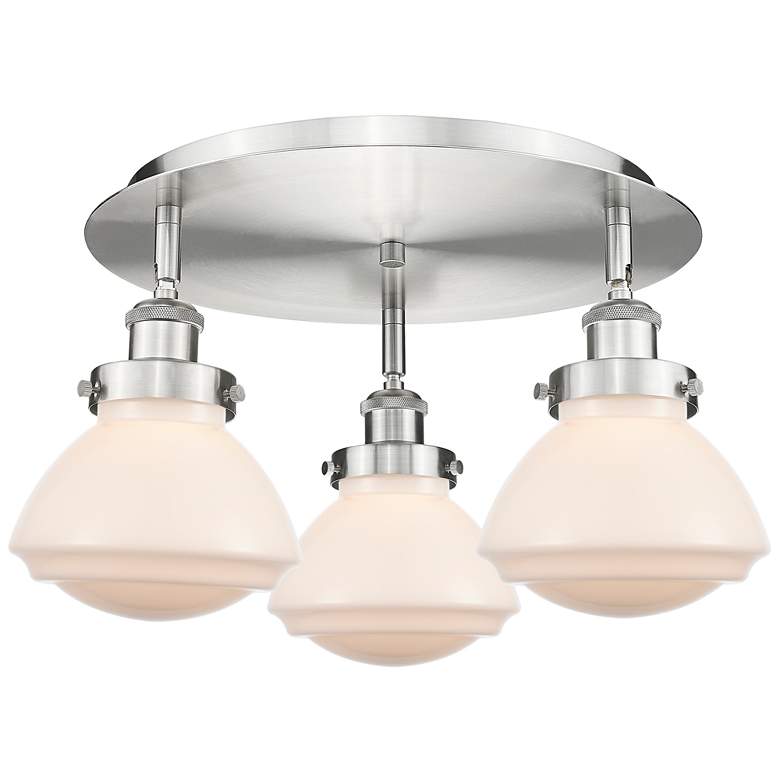 Image 1 Olean 18.25"W 3 Light Satin Nickel Flush Mount With Matte White Glass
