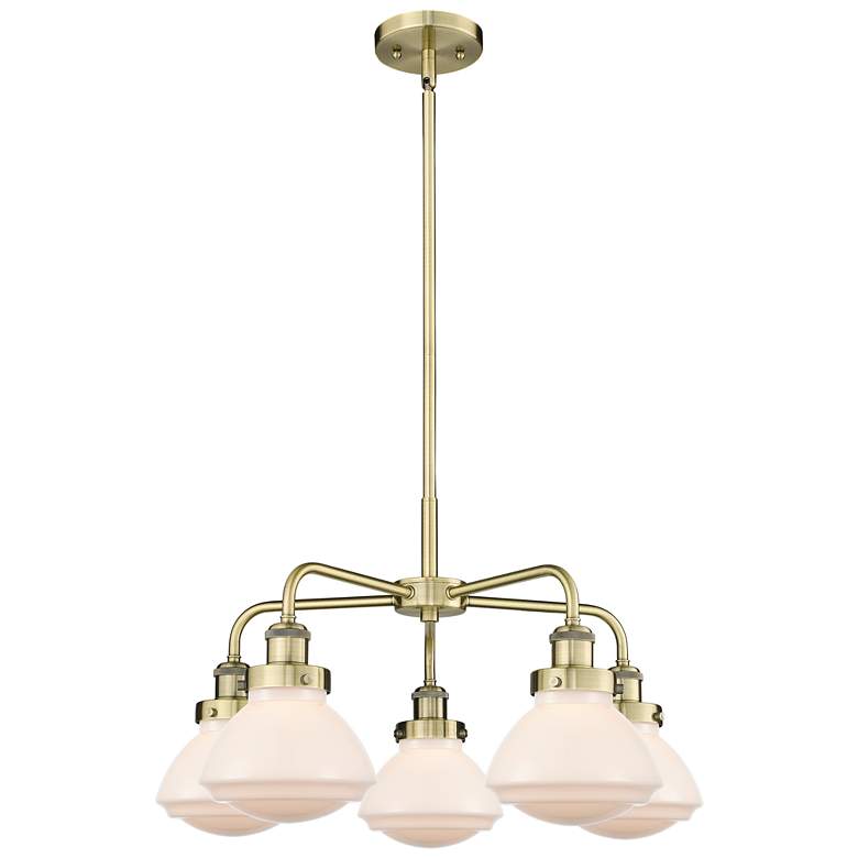 Image 1 Olean 24.5"W 5 Light Antique Brass Stem Hung Chandelier w/ White Shade