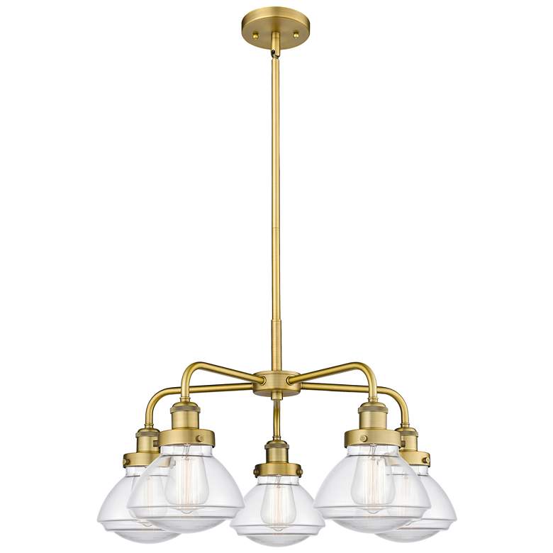 Image 1 Olean 24.5"W 5 Light Brushed Brass Stem Hung Chandelier w/ Clear Shade