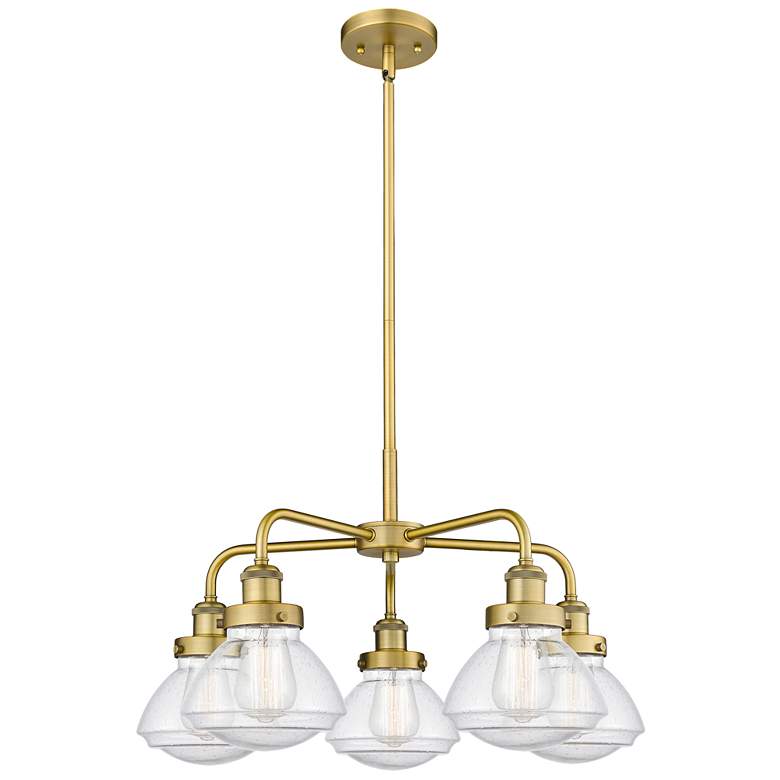 Image 1 Olean 24.5"W 5 Light Brushed Brass Stem Hung Chandelier w/ Seedy Shade