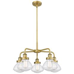 Olean 24.5"W 5 Light Brushed Brass Stem Hung Chandelier w/ Seedy Shade