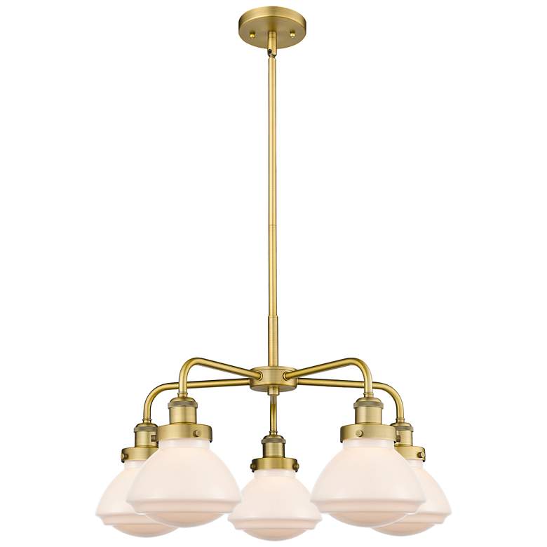 Image 1 Olean 24.5"W 5 Light Brushed Brass Stem Hung Chandelier w/ White Shade