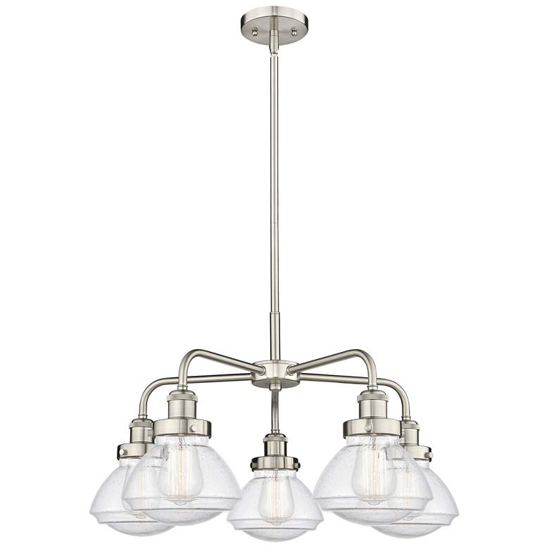 Image 1 Olean 24.5"W 5 Light Satin Nickel Stem Hung Chandelier w/ Seedy Glass