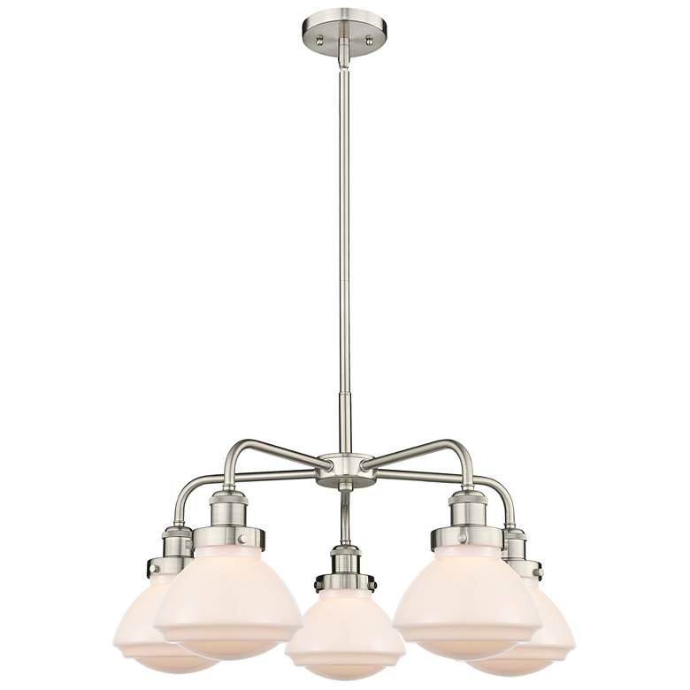 Image 1 Olean 24.5"W 5 Light Satin Nickel Stem Hung Chandelier w/ White Shade