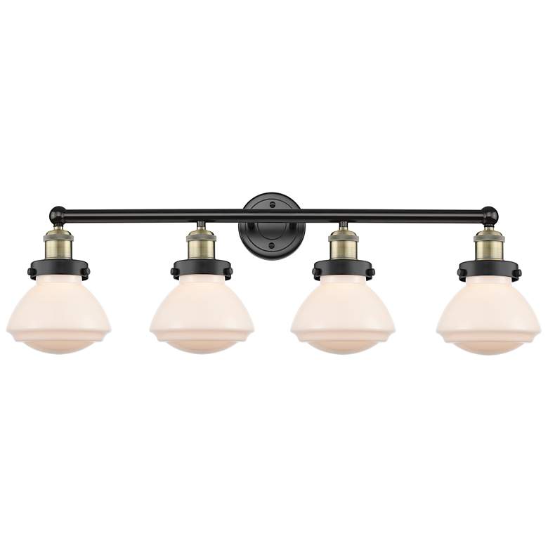 Image 1 Olean 33.5"W 4 Light Black Antique Brass Bath Vanity Light With White