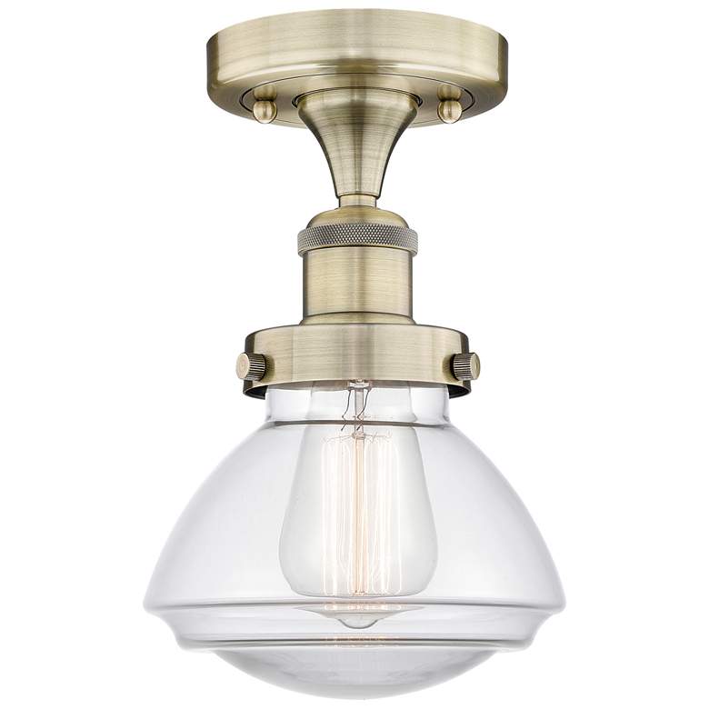 Image 1 Olean 6.5" Wide Antique Brass Semi.Flush Mount With Clear Glass Shade