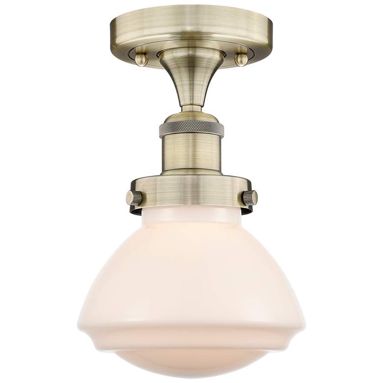 Image 1 Olean 6.5" Wide Antique Brass Semi.Flush Mount With Matte White Glass