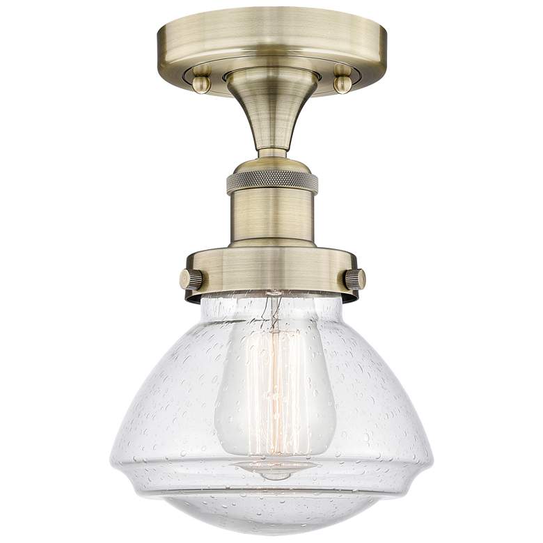 Image 1 Olean 6.5" Wide Antique Brass Semi.Flush Mount With Seedy Glass Shade